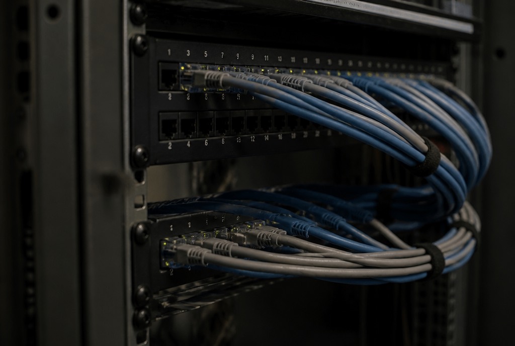 Close-up van een net aangelegd patchpaneel in een serverkast.