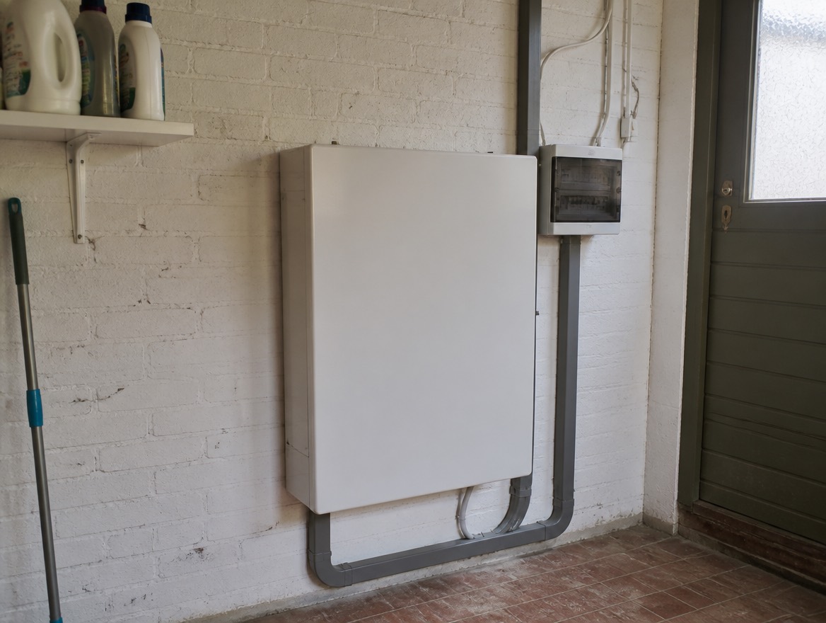 Een thuisbatterij aan de muur van een gewone bijkeuken, met kabelgoot naar de meterkast ernaast.